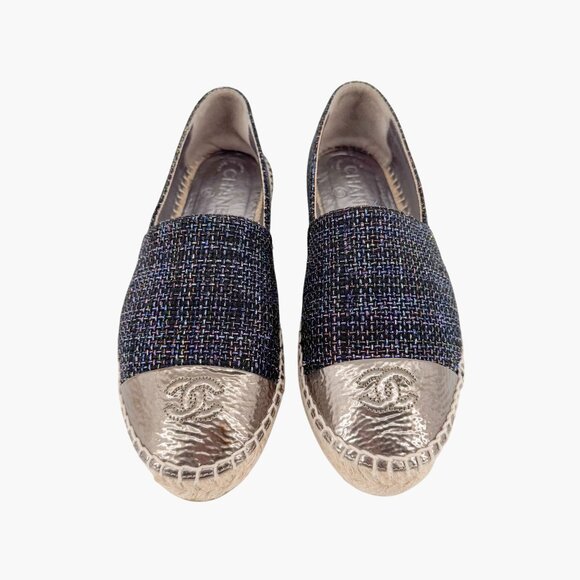 Chanel CC Cap Toe Espadrilles EU 39 US 8-8.5 Navy Metallic Tweed Slip On Flat - Picture 2 of 12
